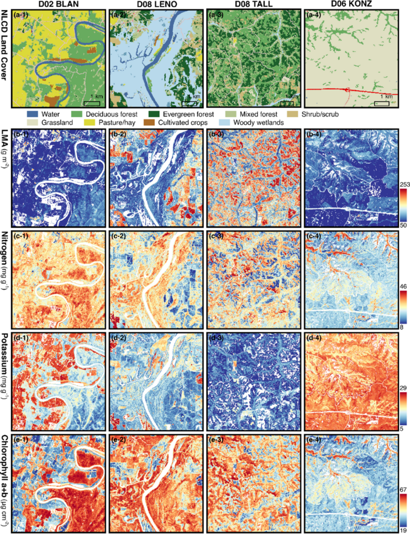 Land cover (a) and functional trait maps produced from Satellite images. The team used four traits - LMA (b), nitrogen (c), potassium (d) and chlorophyll a+b (e) - as examples for demonstration.  Figures adapted from Remote Sensing of Environment, 2024, doi.org/10.1016/j.rse.2024.114082. 